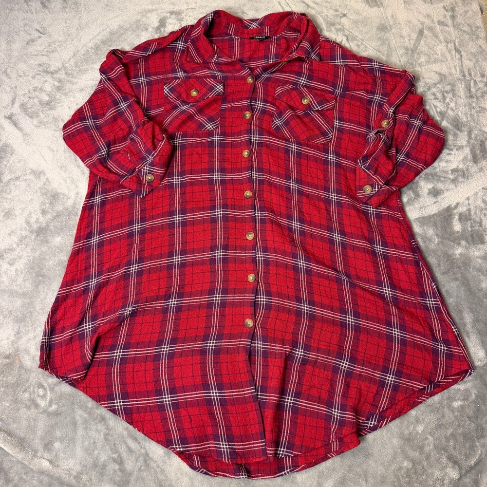 Torrid 3 3X Red Purple Plaid Roll Tab Sleeve Button Down Tunic Shirt